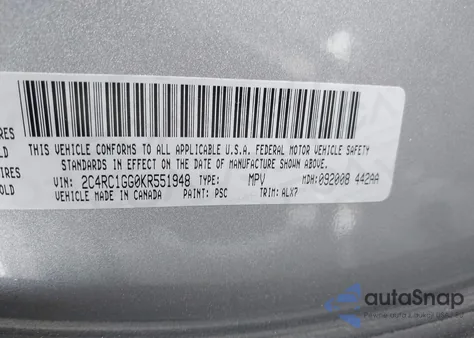 2019 Chrysler Pacifica Limited z USA, uszkodzony, nr VIN 2C4RC1GG0KR551948